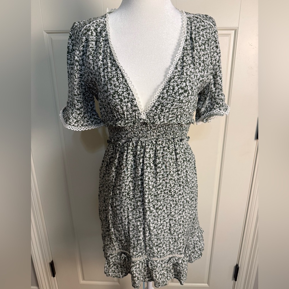 Dee Elly Olive Green and White Floral Mini Dress